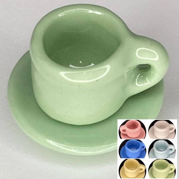 ミニチュア コーヒーカップx1 ソーサーx1 陶器 ミントグリーン カラーバリエーションあります!