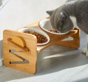  new goods unused 2 plate for wooden stand cat bowl double bowl cat supplies bamboo made . is . plate . water inserting 