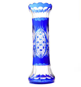 オールド・バカラ (BACCARAT) 31cm ディアマン・ピエーリー 1890年 大型花瓶 ブルー被せ装飾 花器 青色 壺 アートピース 切子 ダイヤモンド