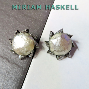 * Miriam Haskell : silver. petal attaching pearl earrings : Vintage costume jewelry :Miriam Haskell