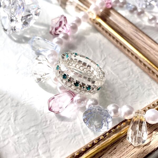 ハンドメイド★レジン リング ガラスチェーングリーン系 12号