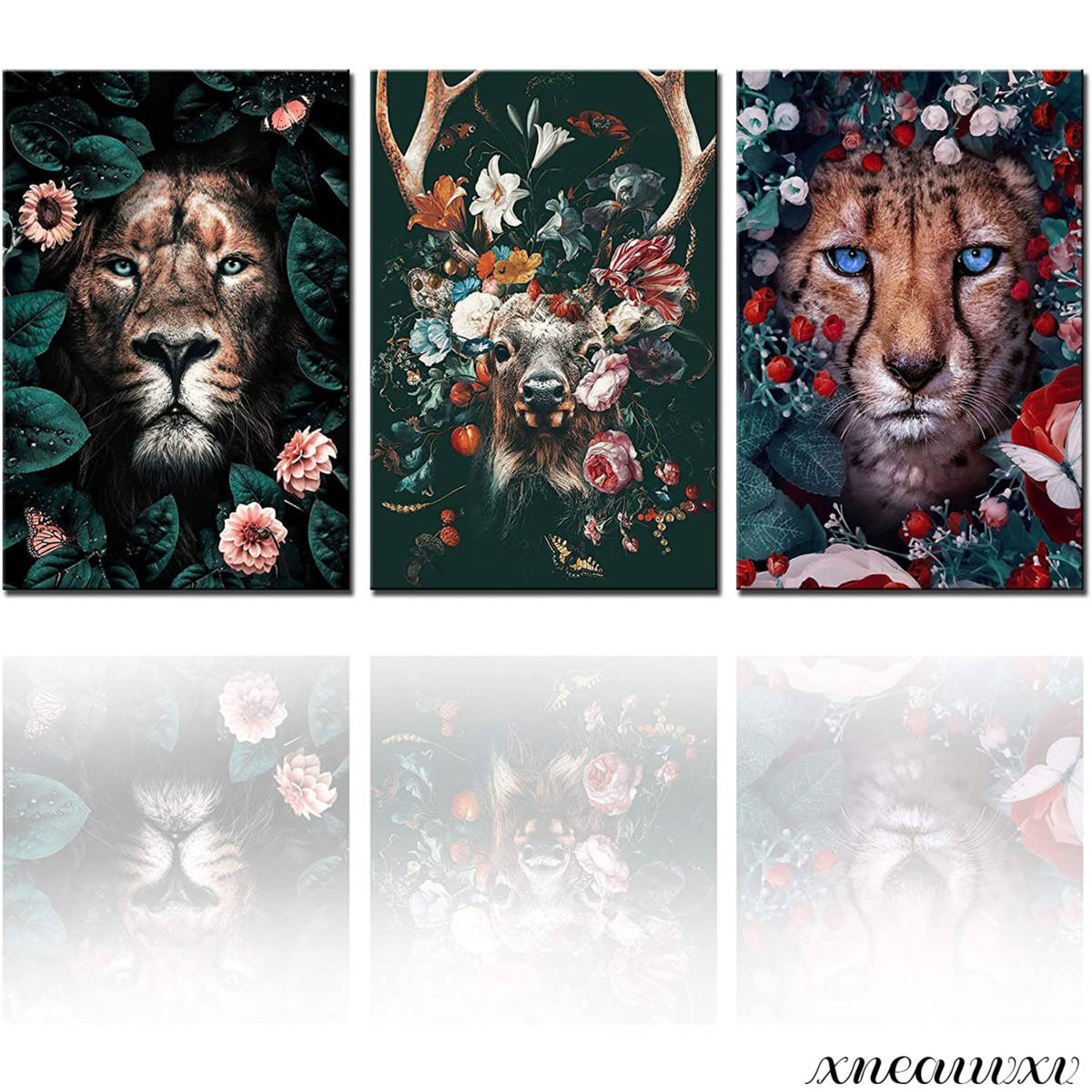 환상적인 3 피스 아트 패널 사슴 호랑이 사자 대형 인테리어 세련된 그림 아트 캔버스 룸 장식 식물 자연 세트 아트 동물, 삽화, 그림, 그래픽