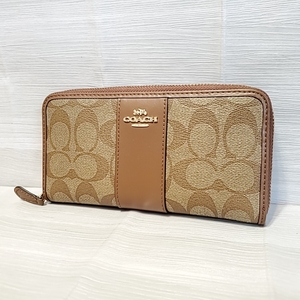 677 未使用 COACH コーチ 長財布 ラウンドファスナー ロング ウォレット シグネチャー ロゴ レザー 本革 ブラウン 茶色 札入れ 小銭入れ