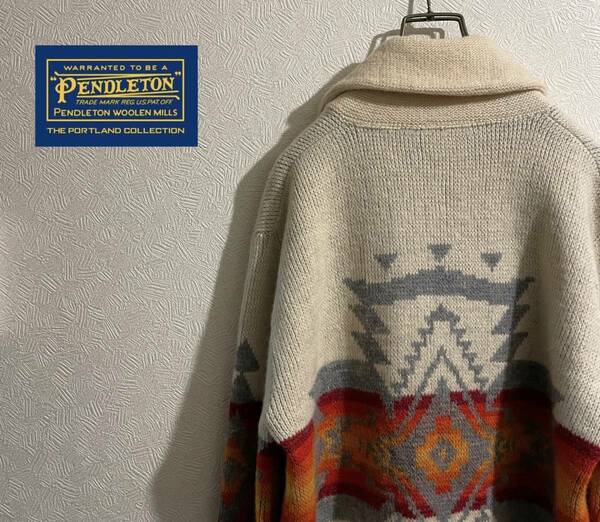 ◯ Vintage 70s PENDLETON ネイティブ パターン ショールカラー カーディガン / ペンドルトンオルテガ チマヨ ベージュ L Mens #Sirchive