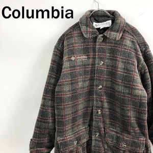 【人気】Columbia/コロンビア チェック柄 USA製 中綿ジャケット 長め丈 フリース グレー系 サイズM/S5431