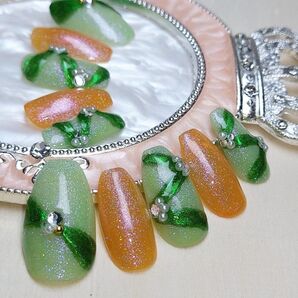 12 ネイル リボン グリーン オレンジ