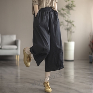 H573* new goods summer lady's casual easy large size natural plain cotton flax waist rubber sarouel pants M~XXL black 