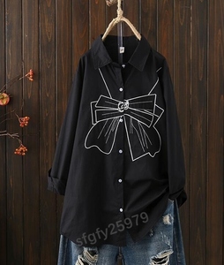 H206☆新品 Ｍ～ＸＸＬサイズ春 カジュアル リボン柄刺繍 20304050代ゆったり大きいサイズ長袖 シャツチュニック ブラック