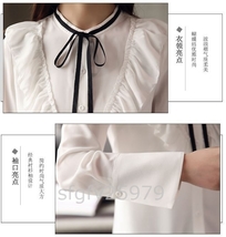 A037☆新品フリルシフォンブラウス エレガントな女性の長袖シフォンシャツ 大きいサイズ 黒リボン XXL_画像5
