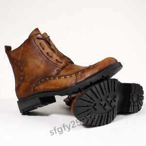 K472* new goods men's Martin boots side zipper leather boots hand made boots original leather Work boots is ikatto boots Brown 25cm