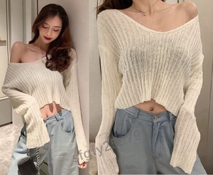 E304** sexy *ero..?... material *V neck * open neck * see-through * rib knitted * sweater * knitted * tops * white * white 1