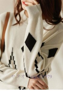 P656新品秋冬Fサイズ 超綺麗 きれいめ チェック柄 長袖 ニットセーター 20304050代 オシャレ 柔らかい 暖かい ニットトップス