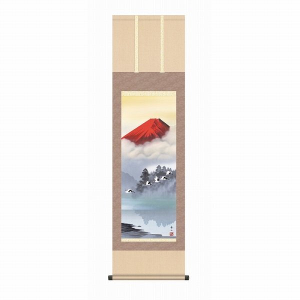 ◎Suzumura Shuzan Red Fuji Flying (133 cm) print + hand coloring ★ Hanging scroll Good luck New Year [New], Painting, Japanese painting, Landscape, Wind and moon