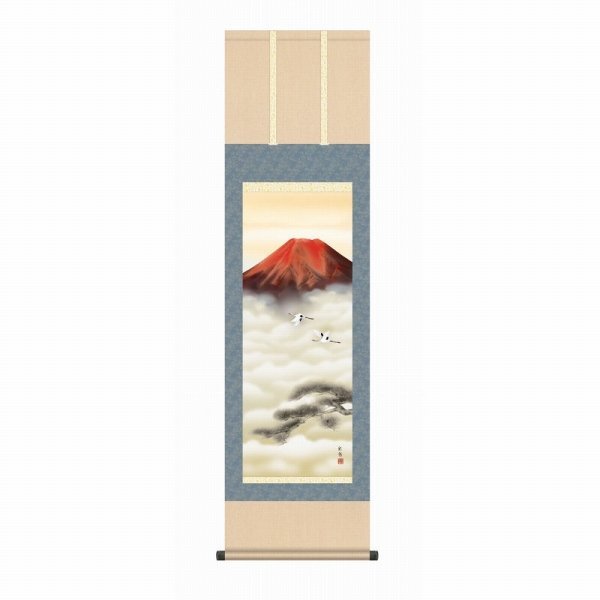 ◎Sayyu Udagawa Red Fuji Twin Cranes (Shakusanritsu) Print + Hand-colored★･Hanging scroll･Auspicious Good Luck･New Year [New], painting, Japanese painting, landscape, Fugetsu