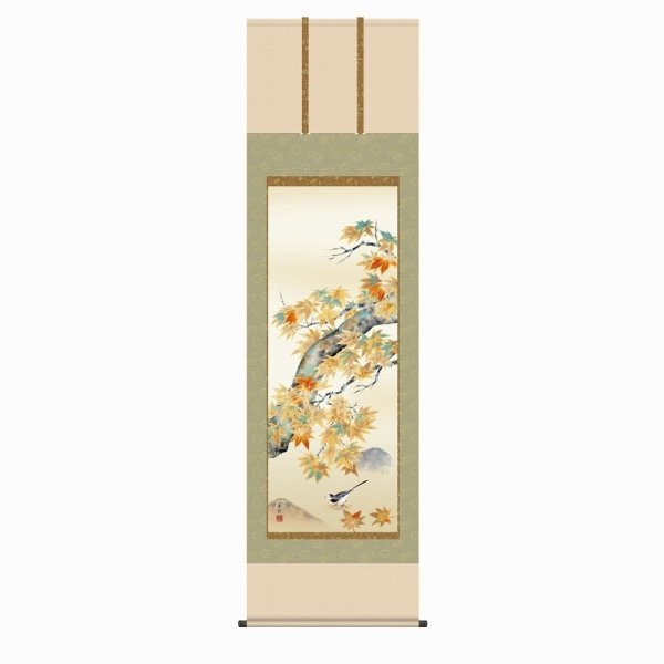 ◎Kouetsu Nishio Un oiseau sur des feuilles d'automne (150 cm) Impression + Coloriée à la main ★ Fleurs et oiseaux, Parchemin suspendu, [Nouveau], Peinture, Peinture japonaise, Fleurs et oiseaux, Faune