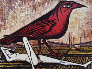 ベルナール・ビュッフェ「LES OISEAUX-L'oiseau rouge」希少画集の額装画、人気作品、オーダーマット付・日本製新品額入り、Bernard Buffet