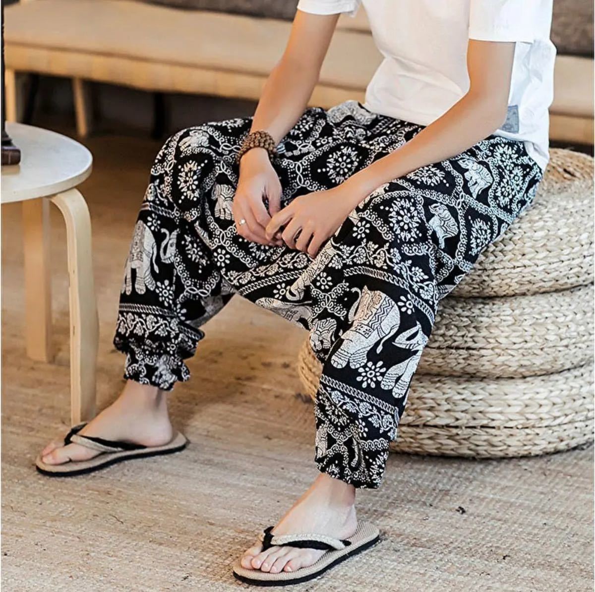 新品 アジアン エスニック柄 サルエルパンツ カラフル コーヒー ゴム