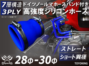 【14周年記念セール】バンド付 耐熱シリコンホース ショート 異径 内径Φ28→30mm 全長76mm 青色 ロゴマーク無し 汎用