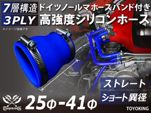 【14周年記念セール】バンド付 耐熱シリコンホース ショート 異径 内径Φ25→41mm 全長76mm 青色 ロゴマーク無し 汎用