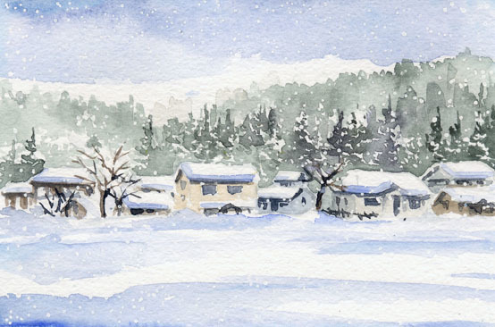 Nr. 7907 Snow Country Town / Chihiro Tanaka (Vier Jahreszeiten Aquarell) / Kommt mit einem Geschenk / 23201, Malerei, Aquarell, Natur, Landschaftsmalerei