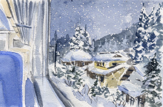 Nr. 7917 Schneeland aus dem Zugfenster Shinetsu Main Line / Chihiro Tanaka (Vier Jahreszeiten Aquarell) / Kommt mit einem Geschenk / 23201, Malerei, Aquarell, Natur, Landschaftsmalerei