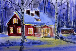 Art hand Auction No. 8235 Winter Night Cabin/Lapland / Chihiro Tanaka (Four Seasons Watercolor) / Comes with a gift / 23201, Painting, watercolor, Nature, Landscape painting