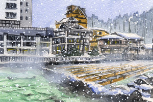 Art hand Auction No. 8236 Snowy Kusatsu Yubatake / Pintado por Chihiro Tanaka (acuarela de las cuatro estaciones) / Viene con regalo / 23201, cuadro, acuarela, Naturaleza, Pintura de paisaje