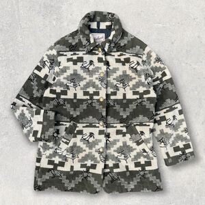 【ふかふか】 90s Woolrich USA製 ヴィンテージ ウールリッチ ネイティブ柄 ミディ丈 ロングコート ボア フリースジャケット アウター L