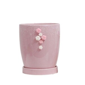 フラワーポット コップ型 立体的なバラの花装飾 ガーリー風 受け皿付き 陶器製 (ピンク)