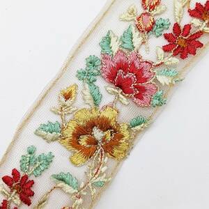 インド刺繍リボン 約48mm 花模様 赤と黄色の花