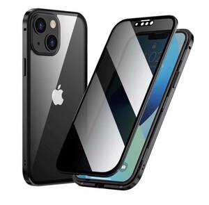 iPhone 14Plus ブラック 覗き見防止 両面強化ガラス 全面保護 アルミ合金 磁気吸着 耐衝撃 iPhone X S 11 12 13 14 15 Pro max Plus ケース