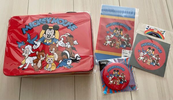 ミッキー アニマル ブリキボックス 缶バッジ ステッカー マルチファイル 4点セット まとめ売り ディズニー レトロ
