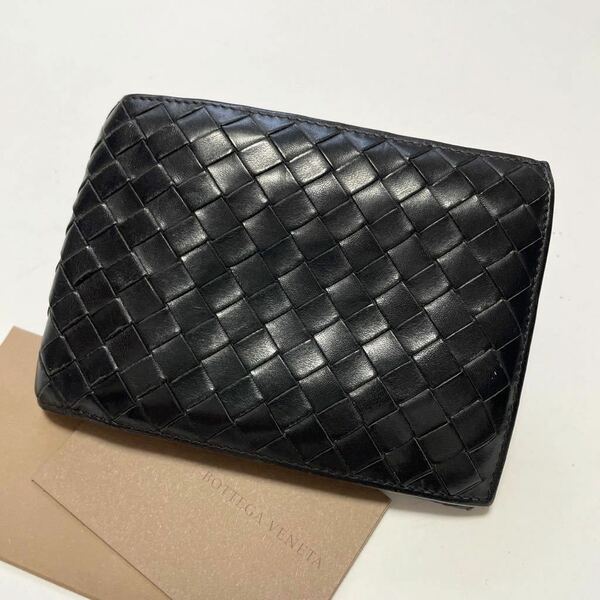 ★BOTTEGA VENETA ボッテガ ヴェネタ イントレチャート 二つ折り 財布 レザー ブラック メンズ【鑑定済み 本物保証】