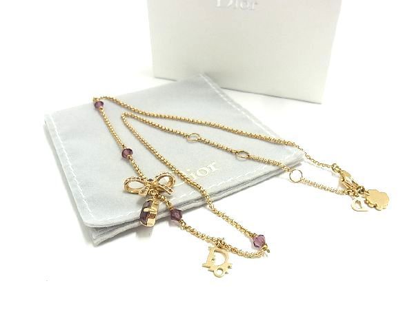 【美品】Dior ラインストーン リボンモチーフ ネックレス シルバー ネックレス 半額販売