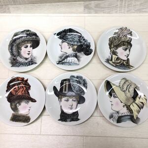 PORCELAINE DE PARIS 丸皿 プレート 18cm アンティーク 帽子を被った女性 6枚セット 食器