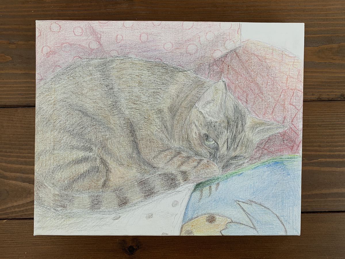 絵 絵画 猫 キャンバス 手描きイラスト イラスト 猫の絵 色鉛筆画 真作 美術 原画 直筆 画家 アート 動物画 絵画 絵 猫 デッサン 素描, 絵画, 水彩, 動物画