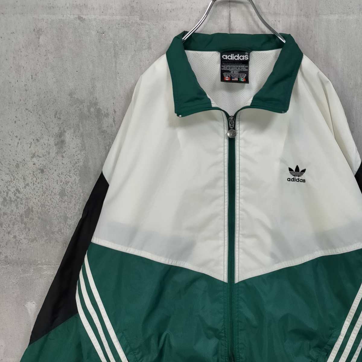 激レア 2XL adidas アディダス ナイロンジャケット 白 黒 緑 ロゴ