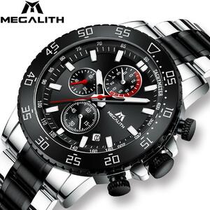 Megalith 軍事腕時計男性ステンレス鋼バンド防水クォーツ腕時計クロノグラフ時計男性ファッションスポーツ腕時計 8087