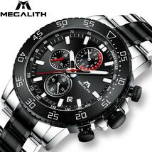 Megalith 軍事腕時計男性ステンレス鋼バンド防水クォーツ腕時計クロノグラフ時計男性ファッションスポーツ腕時計 8087_画像1
