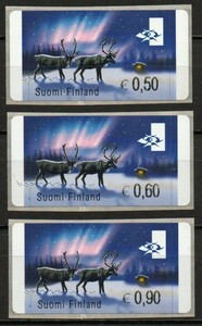 切手 H146 フィンランド 印字切手 トナカイ オーロラ 3V完 2002年発行 未使用