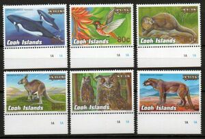 切手 H139 クック諸島 動植物（加刷） イルカ 鳥 カンガルー ミミズク ピューマ 6V完 2001年発行 未使用