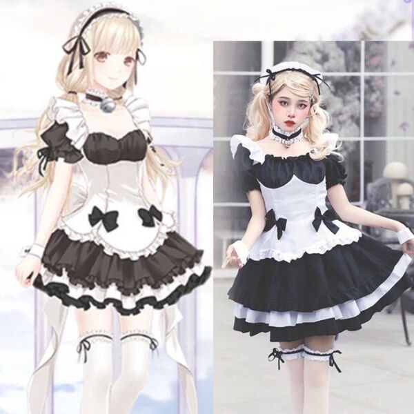 黒と白レースエプロン王道メイドさんコスプレセットキュッと絞るスタイル良く見えて萌え大きなリボン♪