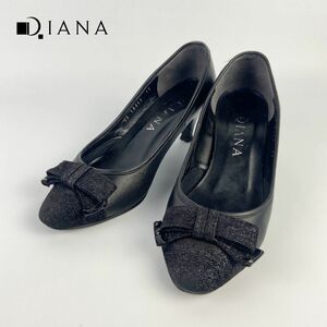 DIANA ダイアナ 22.0 パンプス ヒール 切り替えデザイン 本革 レザー リボン 黒 ブラック/ZB24