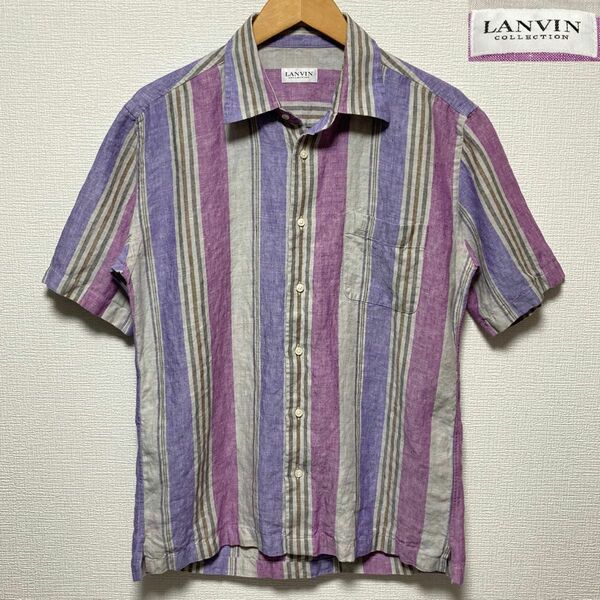 ランバンコレクション　リネンシャツ　ストライプ　LANVIN　美品　アロハ　麻