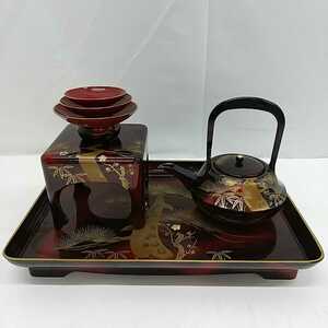 174　中古品　レトロ　御屠蘇器６セット　会津塗り　ウレタン塗装　松竹梅　酒器　現状品　黒×赤　