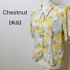 【美品】Chestnut 肩パッド付きシアーブラウス 花柄 ストライプ 透け感 カジュアル レディース 大人かわいい 昭和レトロ 薄手 ポリシャツ