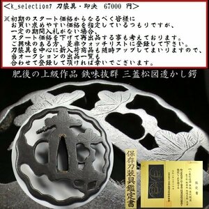 【刀装具 #2745】 ≪A級≫ （鍔）肥後の上級作品！ 鉄味抜群 三蓋松図透かし鍔 保存刀装具 備考：【材質・細工共に上質です！】