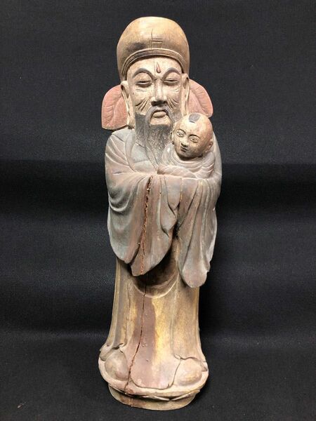 中国美術　清時代　大型彩絵禄神木彫像　高さ66cm古美術　木割れ有り 