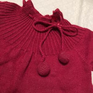 昭和レトロ 子供服 機械編み タートルネックセーター ハンドメイド 送料無料 チューリップ 連続模様 編み込みポンポン付き 燕脂