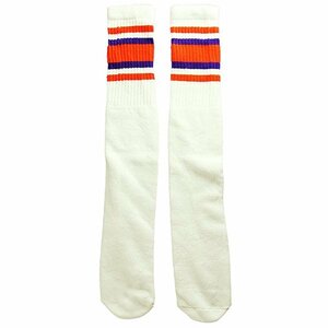 SkaterSocks ロングソックス 靴下 男女兼用 ソックス Knee high White tube socks with Orange-Purple stripes style 4 (25インチ)